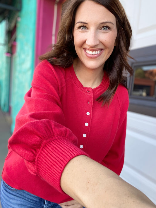 Red Balloon Sleeve Henley Sweater