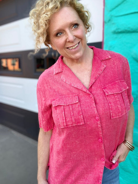 Tops Apple Red Linen Button Down