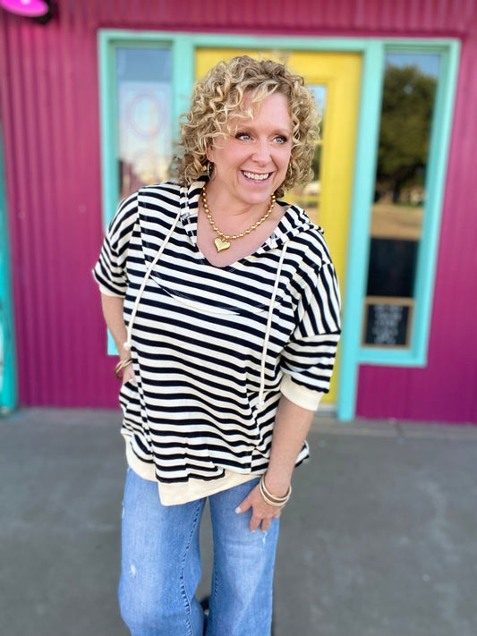 Tops BiBi Thermal Stripe Hoodie Short Sleeve