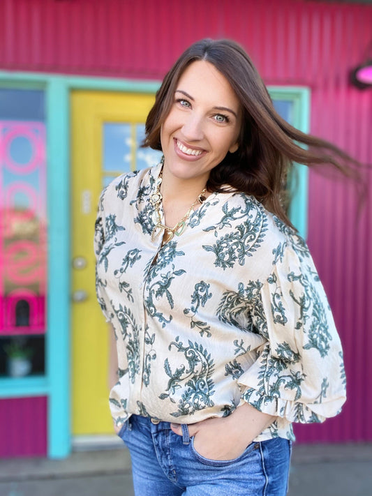 Tops Cady Floral Balloon Sleeve Top- Cream & Teal