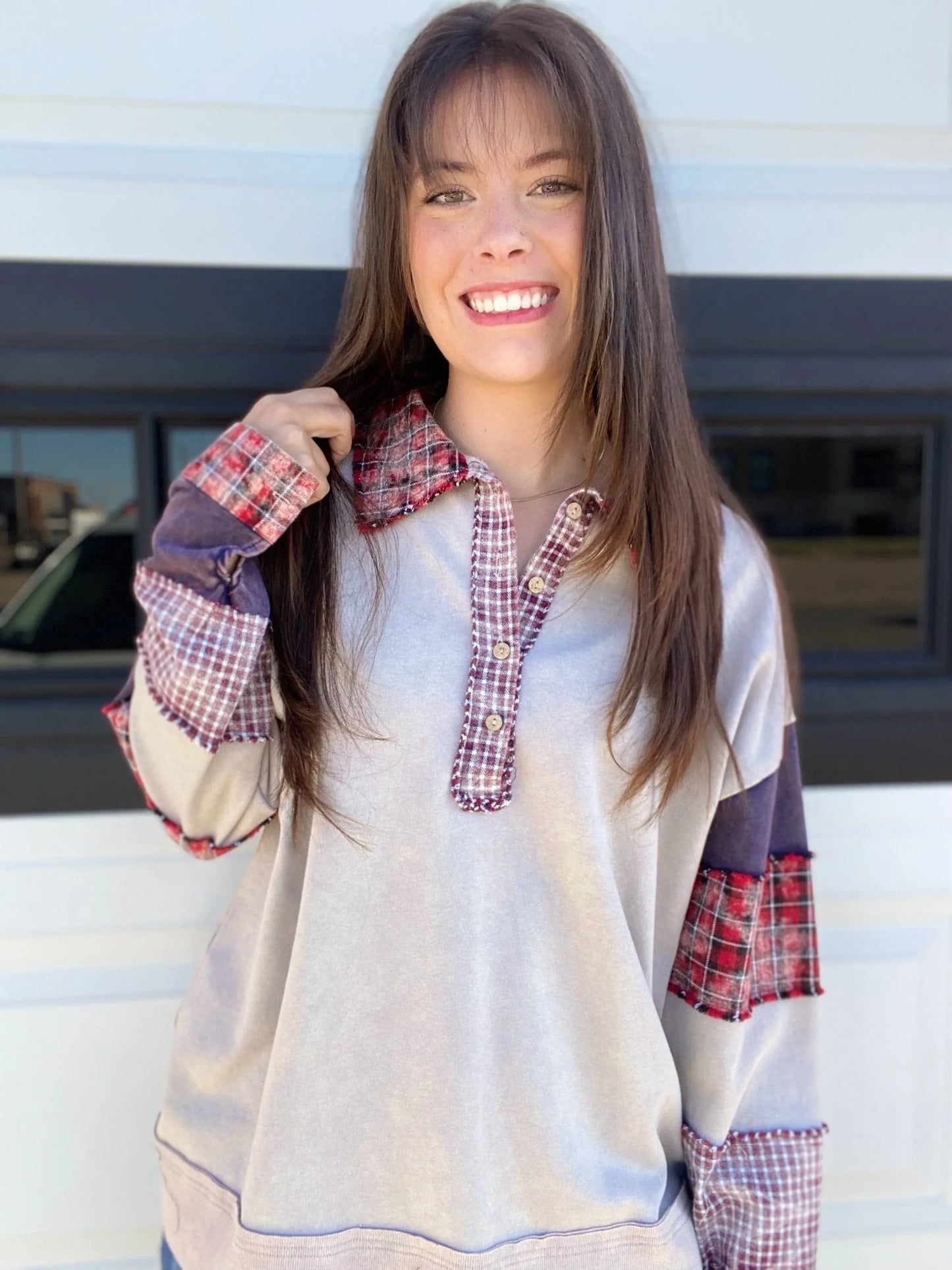 Tops Cream and Plaid Henley