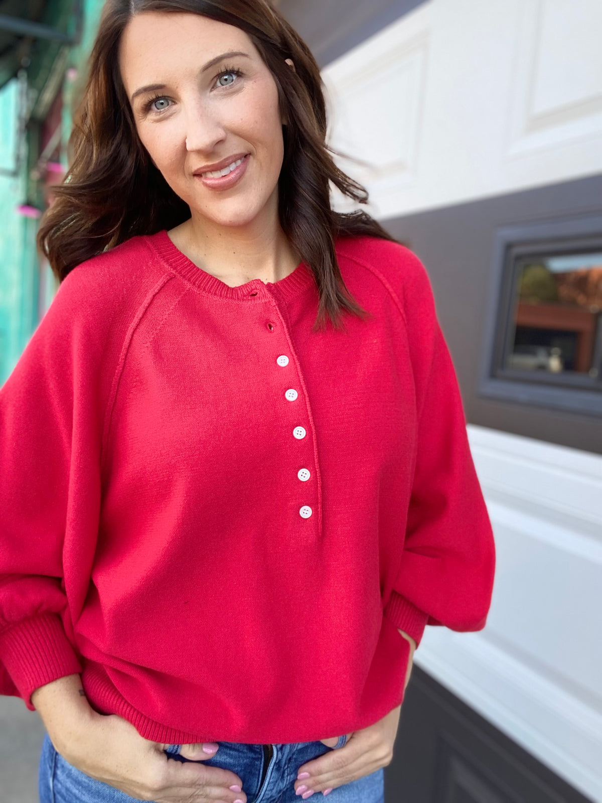 Red Balloon Sleeve Henley Sweater