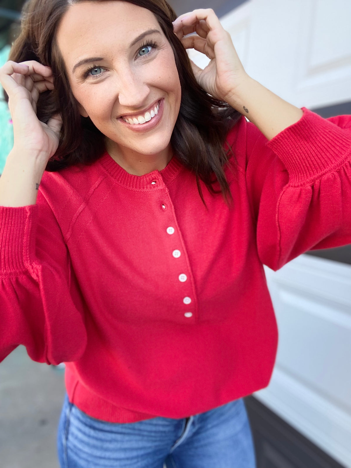 Red Balloon Sleeve Henley Sweater