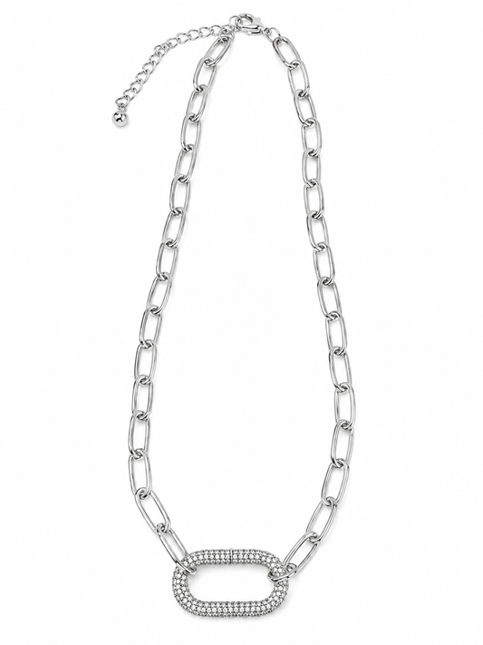Silver Pavé Carabiner Link Chain Necklace