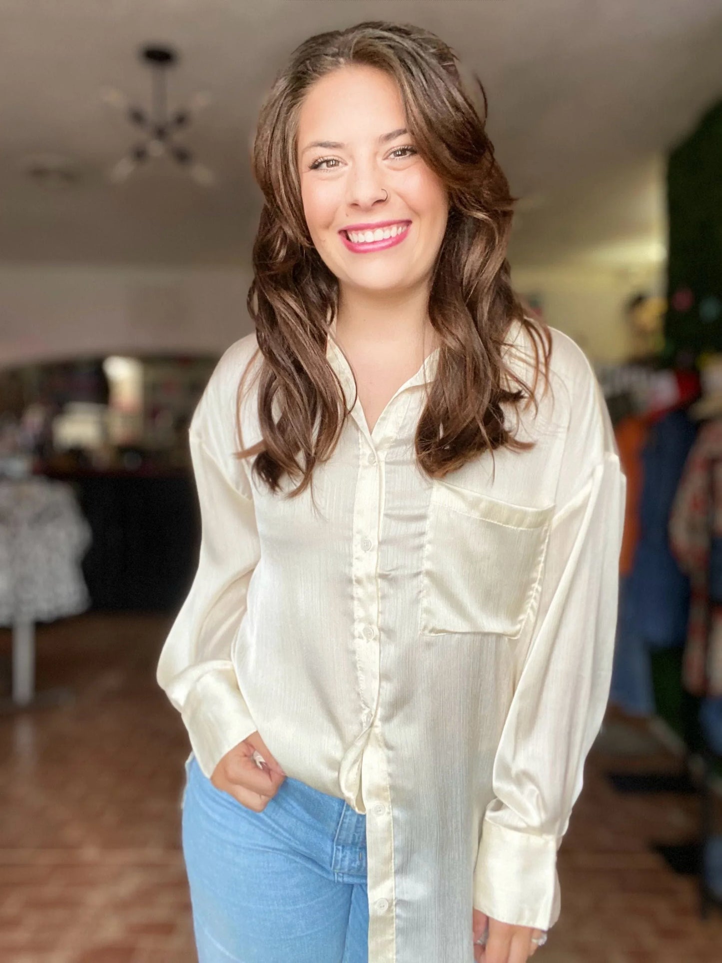 Tops Alicia Satin Button Blouse