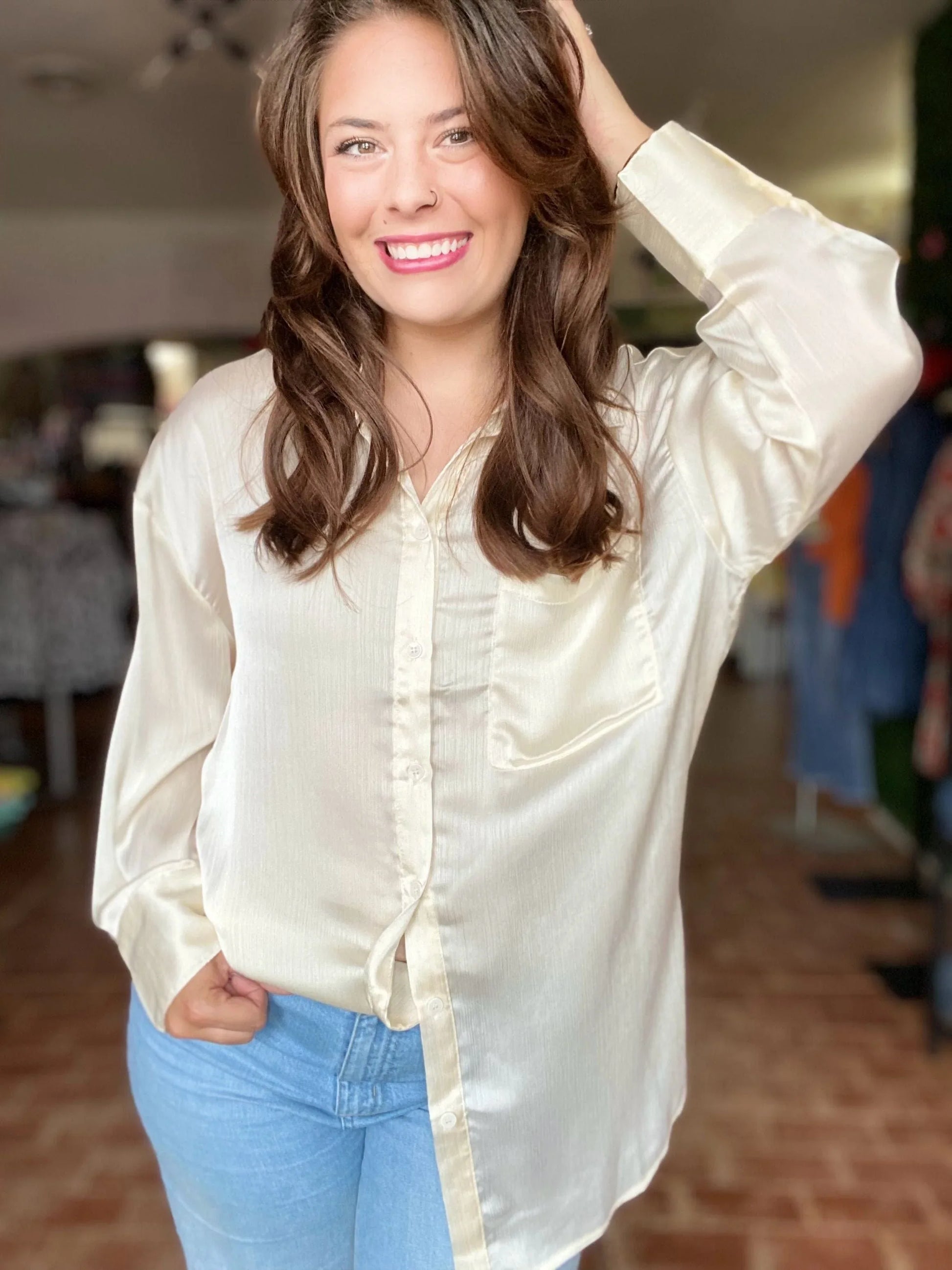 Tops Alicia Satin Button Blouse