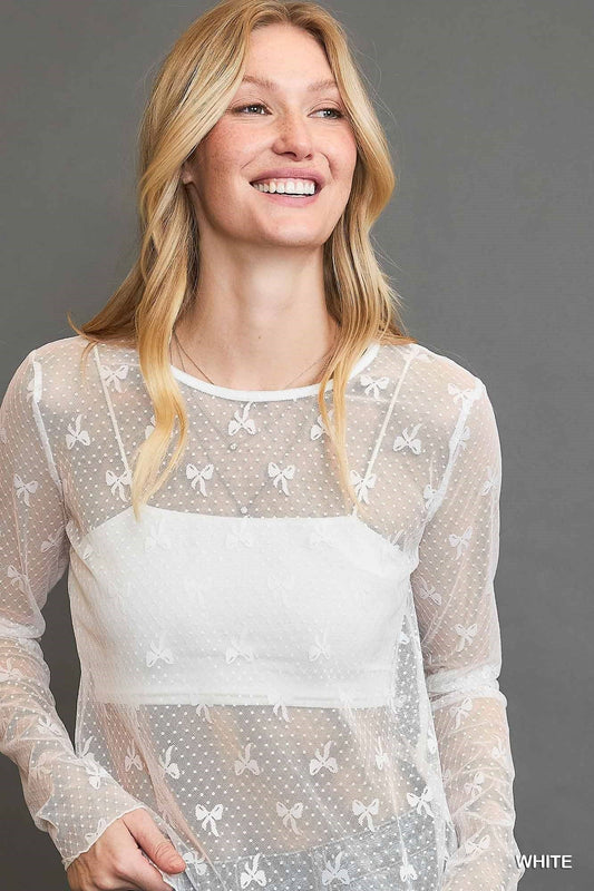 Tops Bow Mesh Top White