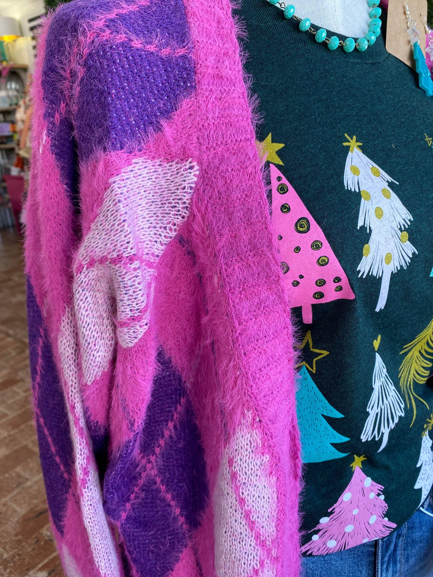 Tops Buffy Argyle Cardigan- Fuchsia