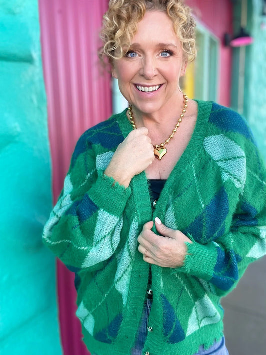 Tops Buffy Argyle Cardigan- Green