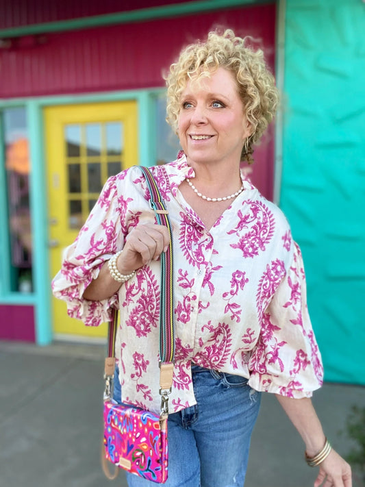 Tops Cady Floral Balloon Sleeve Top- Fuchsia