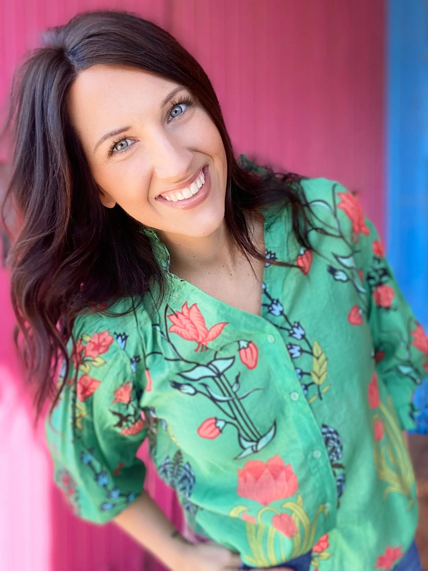 Tops Cady Floral Balloon Sleeve Top- Green