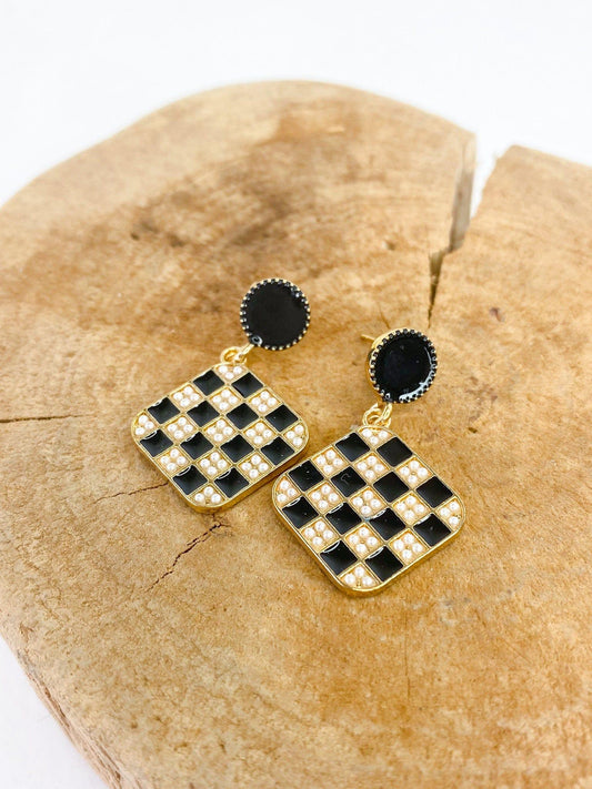 Earrings Checker Square- Black
