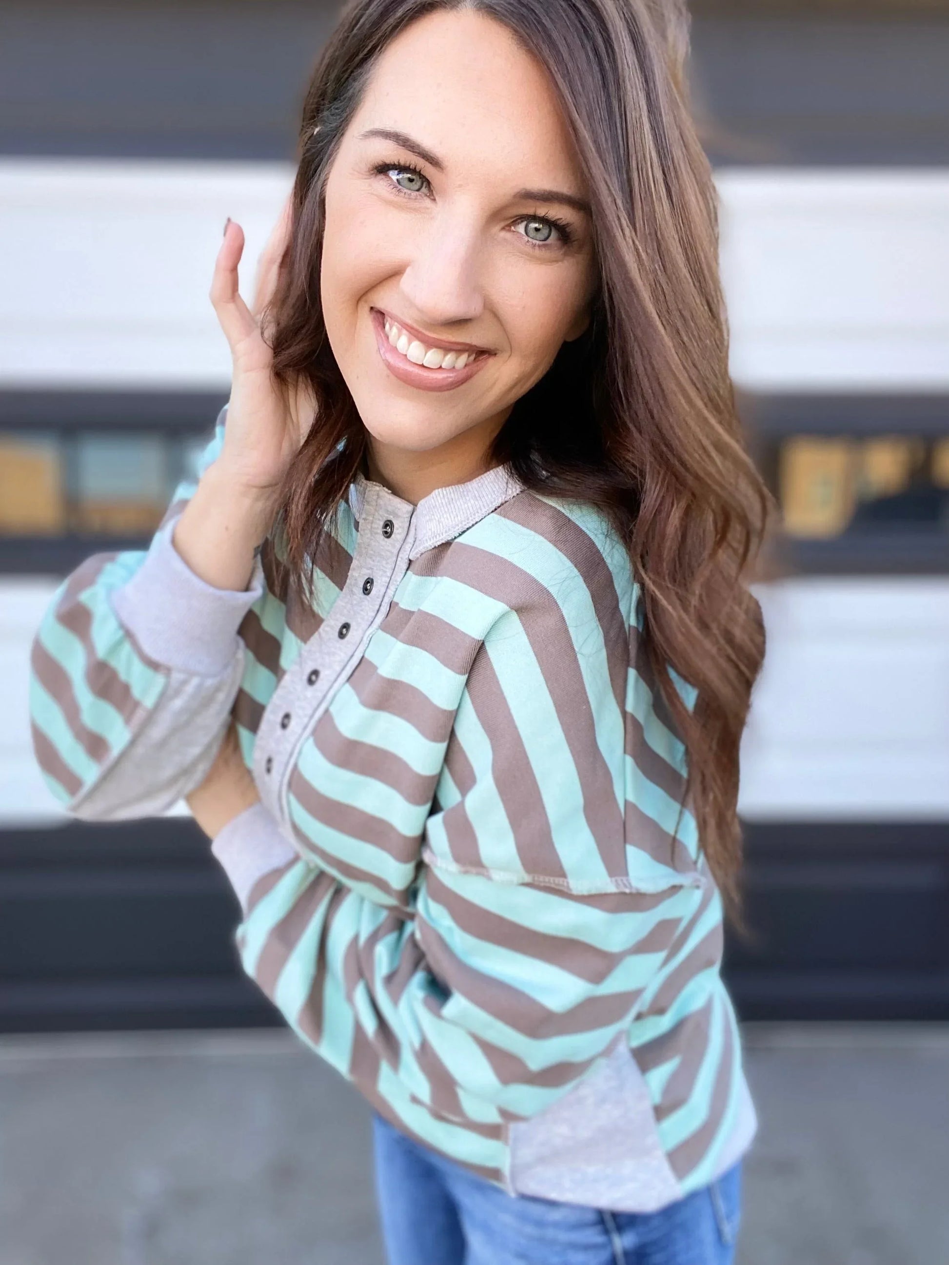 Shirts & Tops Emily Stripe Half Button Pullover- Mint