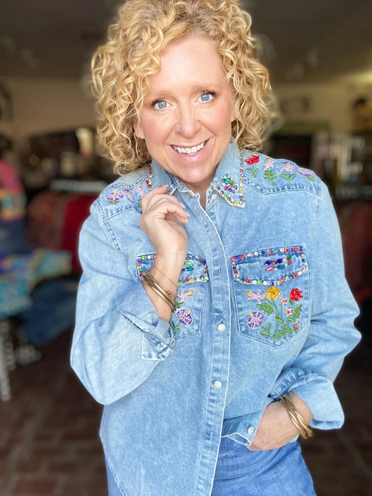 Tops Fancie Sequin Embroidered Denim Top