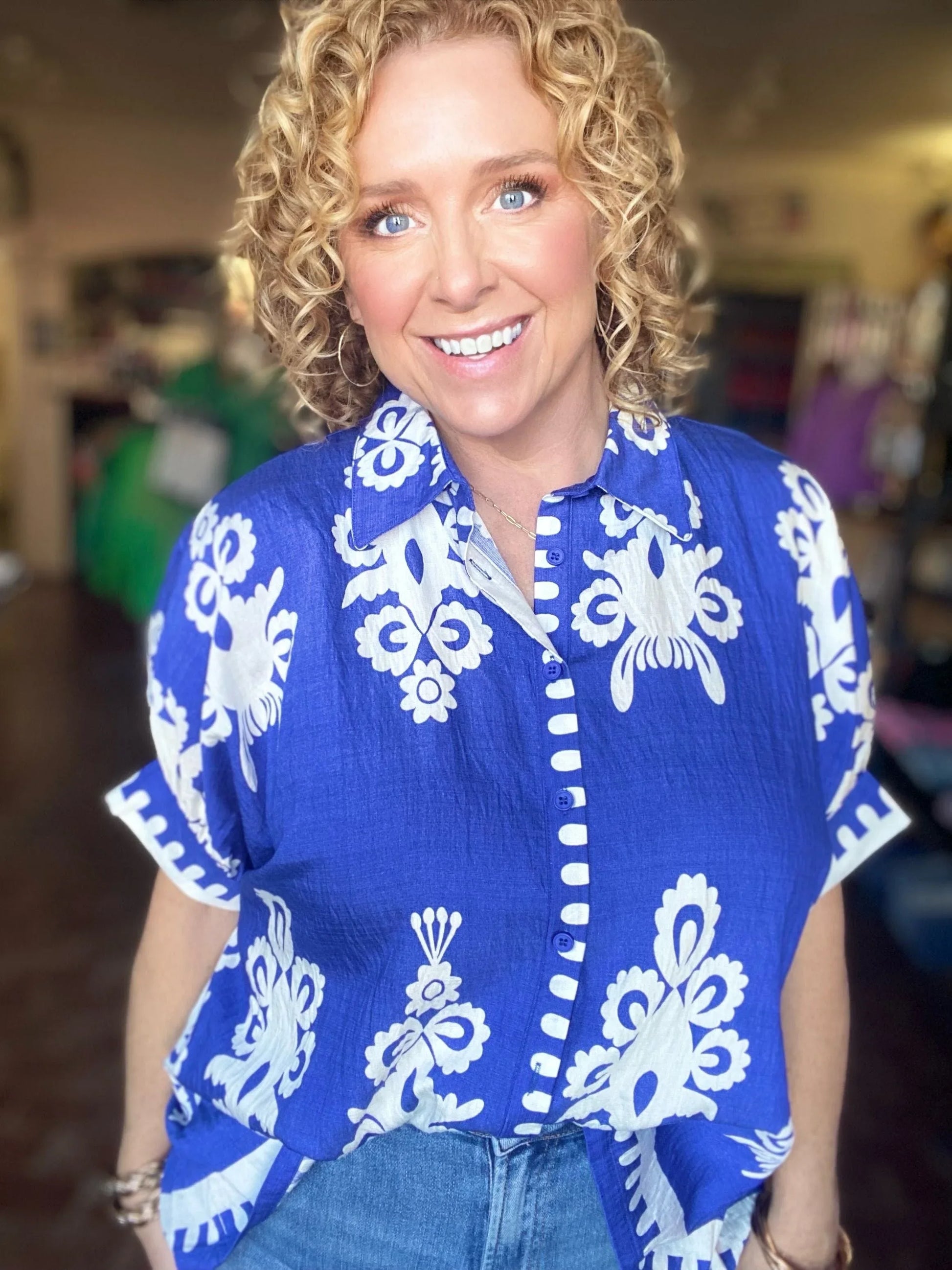 Tops Jayda Funky Print Blouse- Cobalt Blue