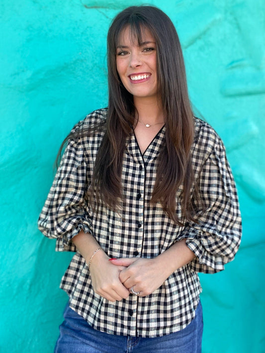 Tops Katie Balloon Sleeve Blouse- Black Gingham
