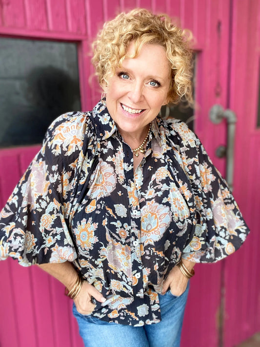 Tops Lyla Floral Print Blouse-Black