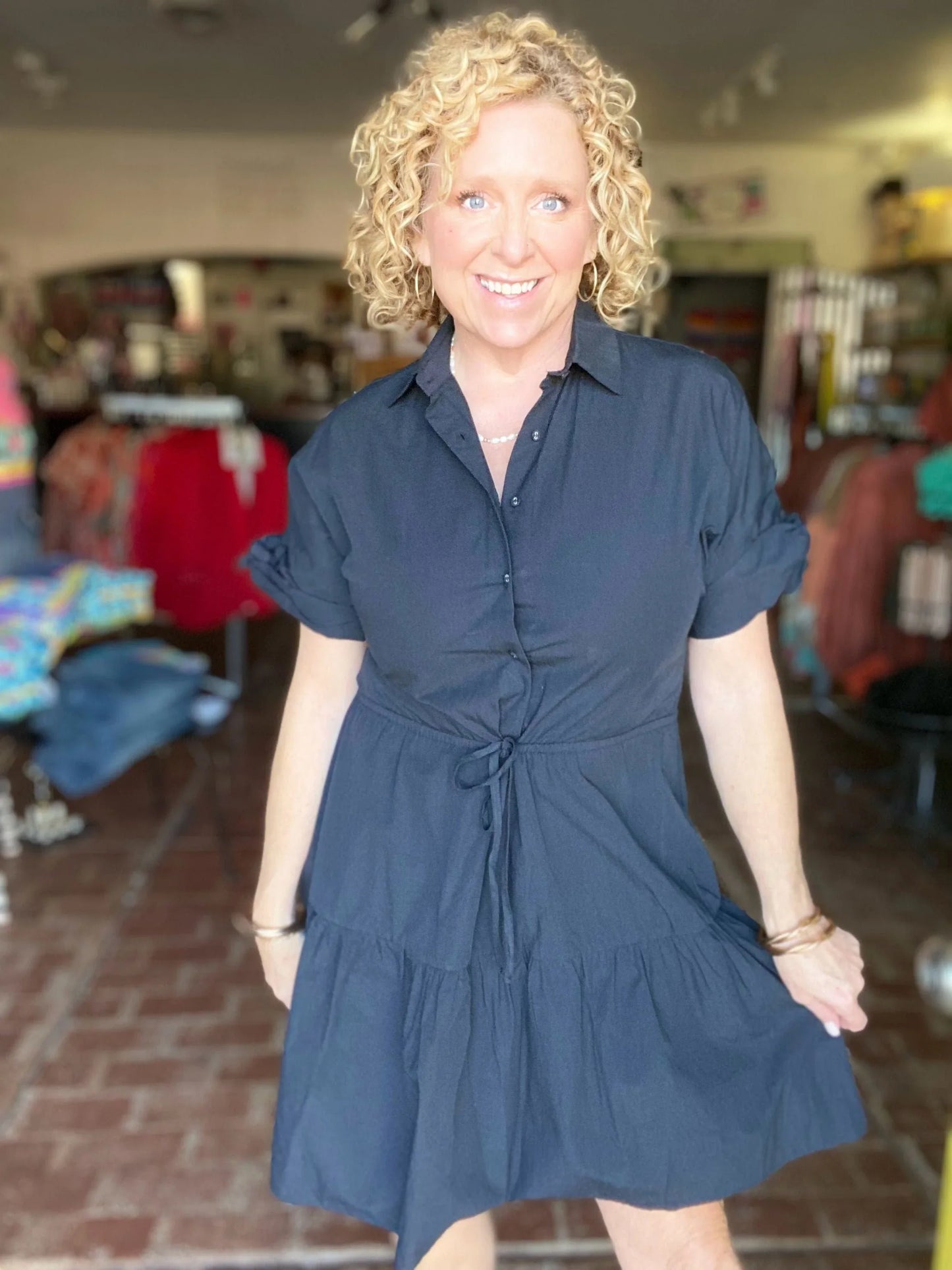 Dresses Poplin Cinch Waist Dress- Black