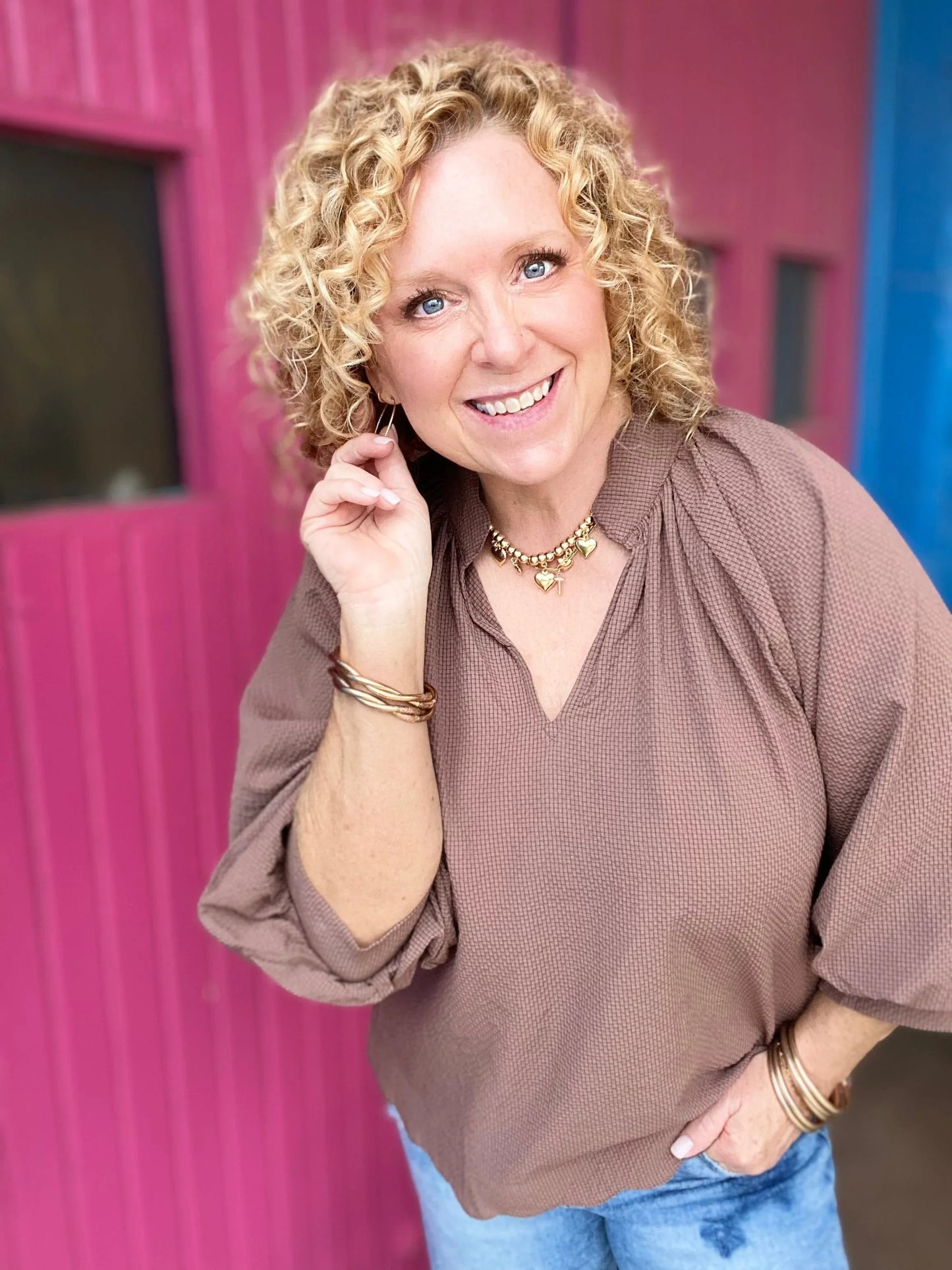 Tops Reese Vneck Balloon Sleeve Top-Chocolate