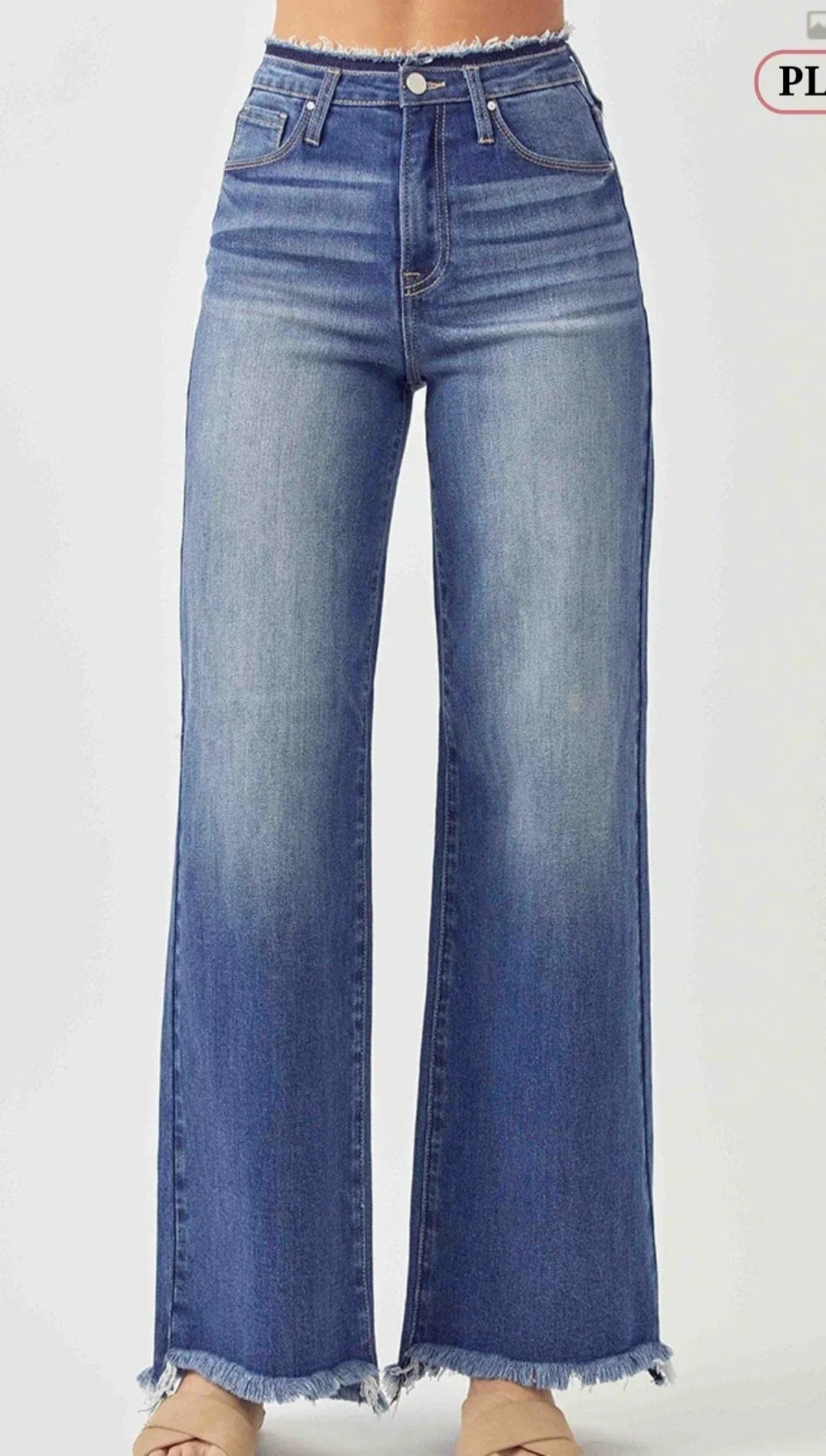 Bottoms Risen High Waist Wide Leg Frayed Hem- DK