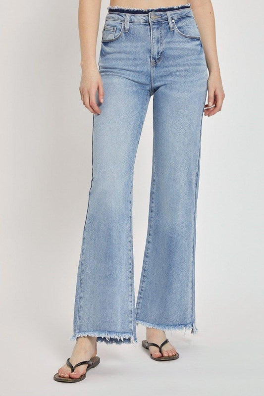 Bottoms Risen High Waist Wide Leg Frayed Hem- LT