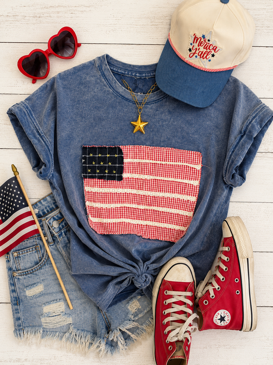 Vintage Flag Applique Shirt-Denim Blue