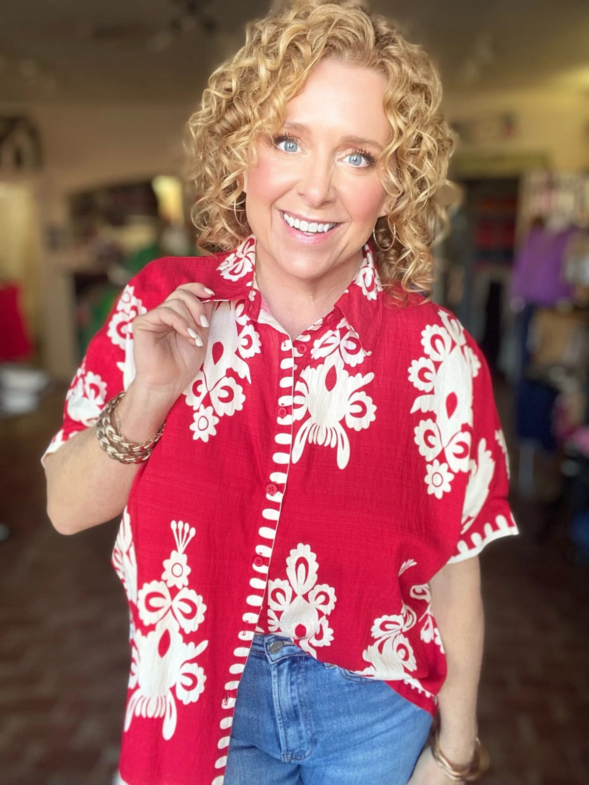Jayda Funky Print Blouse- True Red