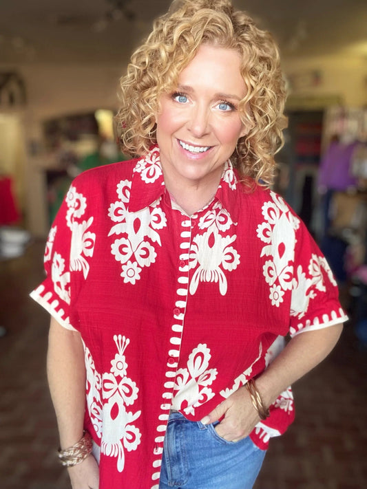 Jayda Funky Print Blouse- True Red