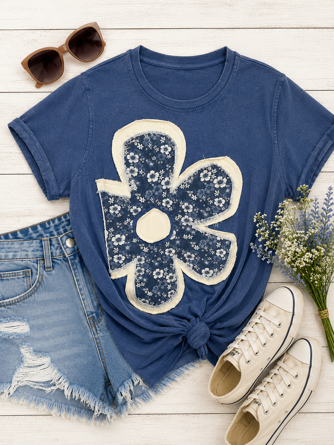 Daisy Flower Applique Shirt-Denim
