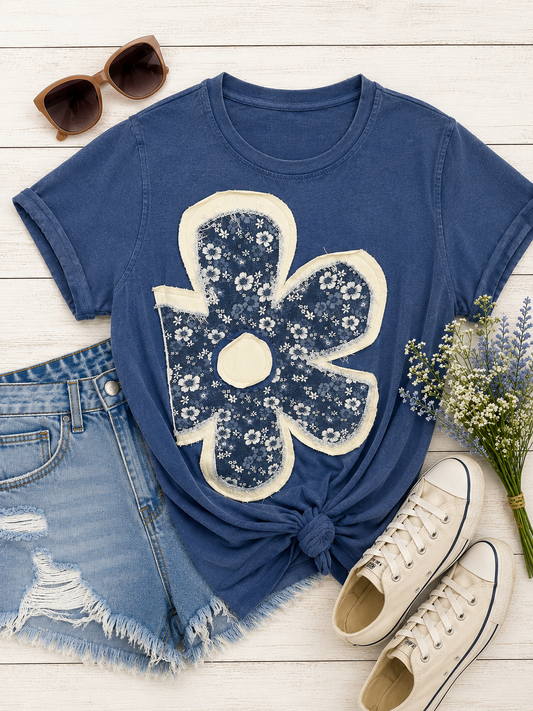 Daisy Flower Applique Shirt-Denim