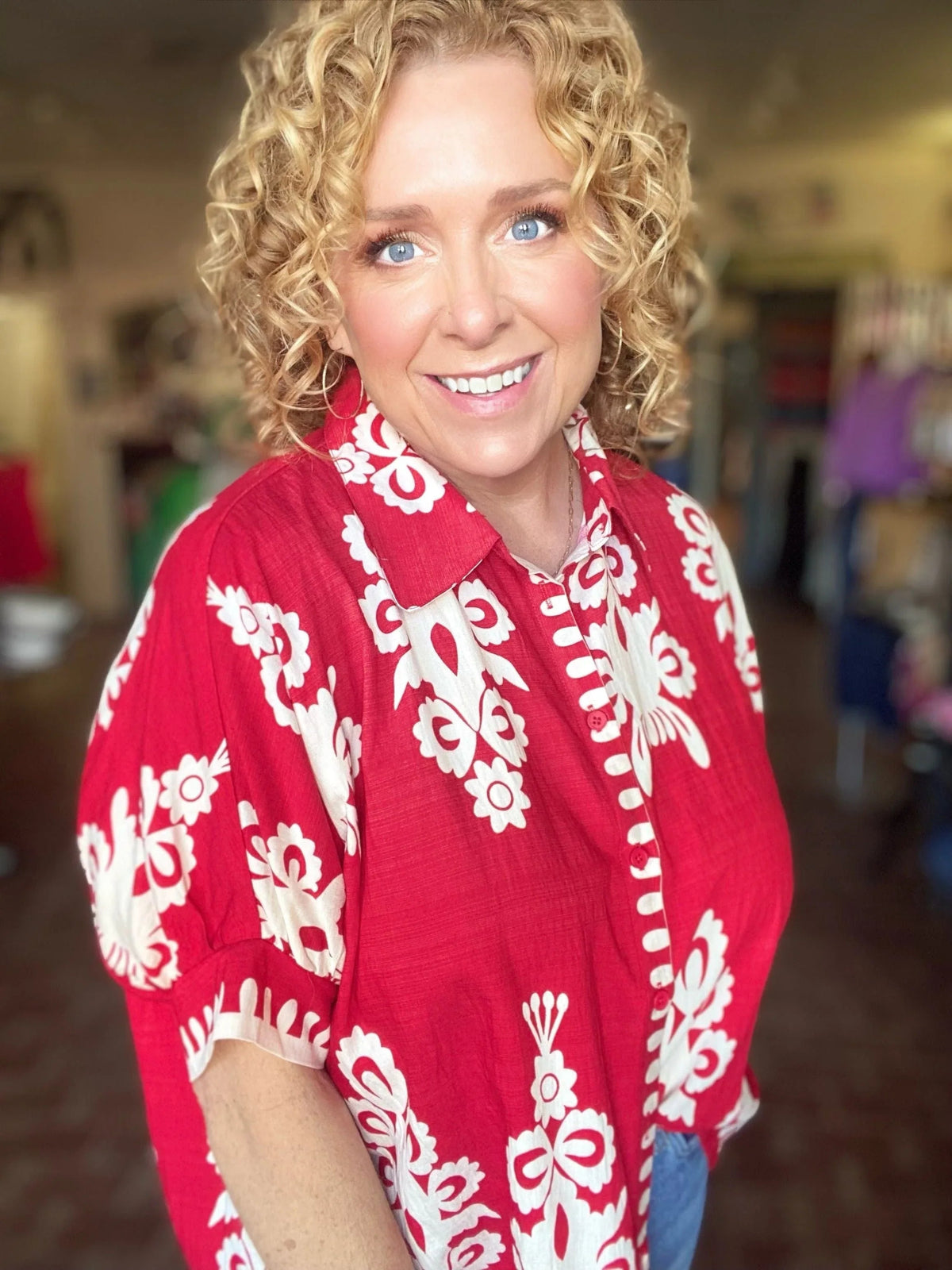 Jayda Funky Print Blouse- True Red