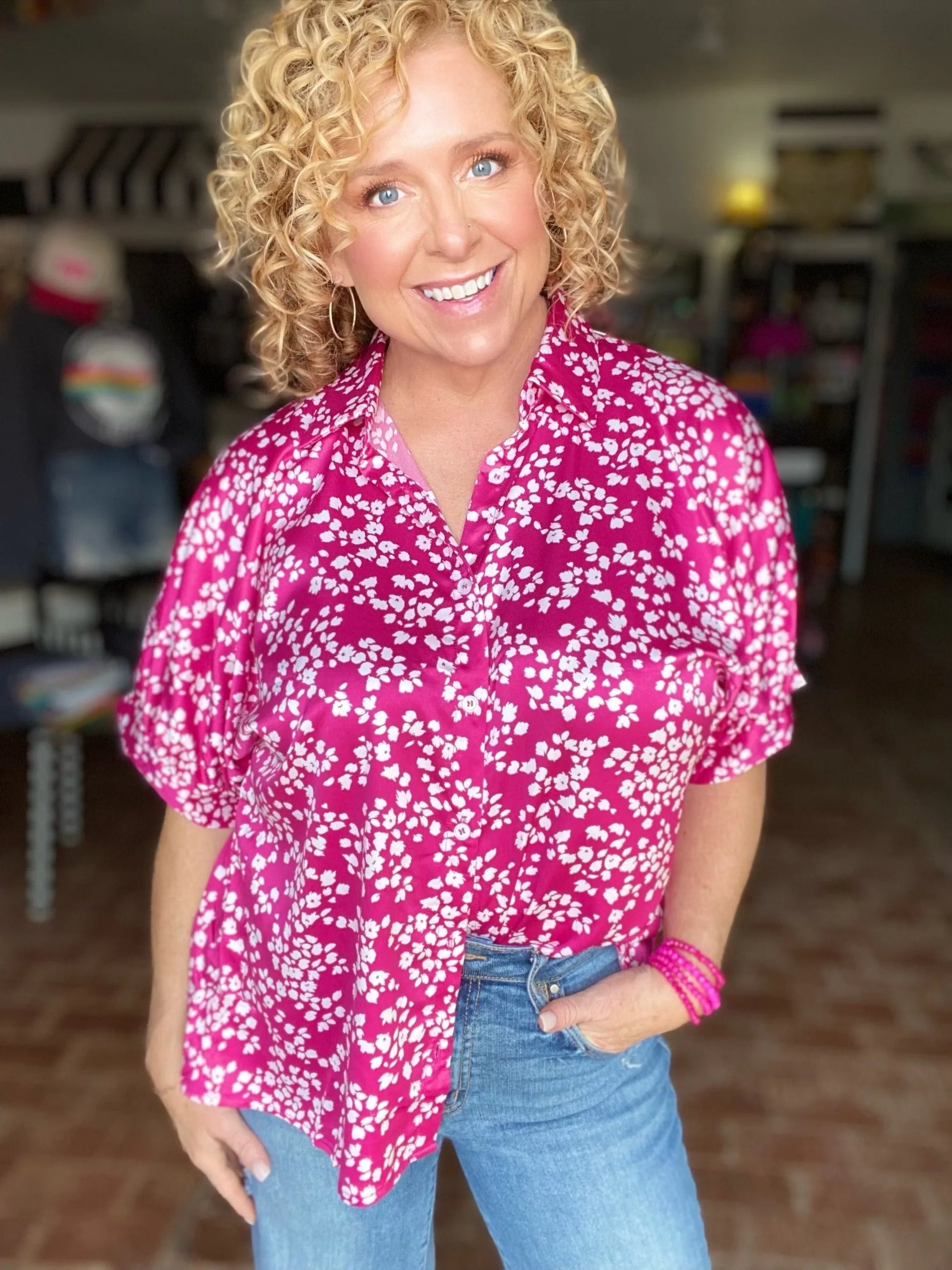 Tops Satin Ditzy Floral Blouse