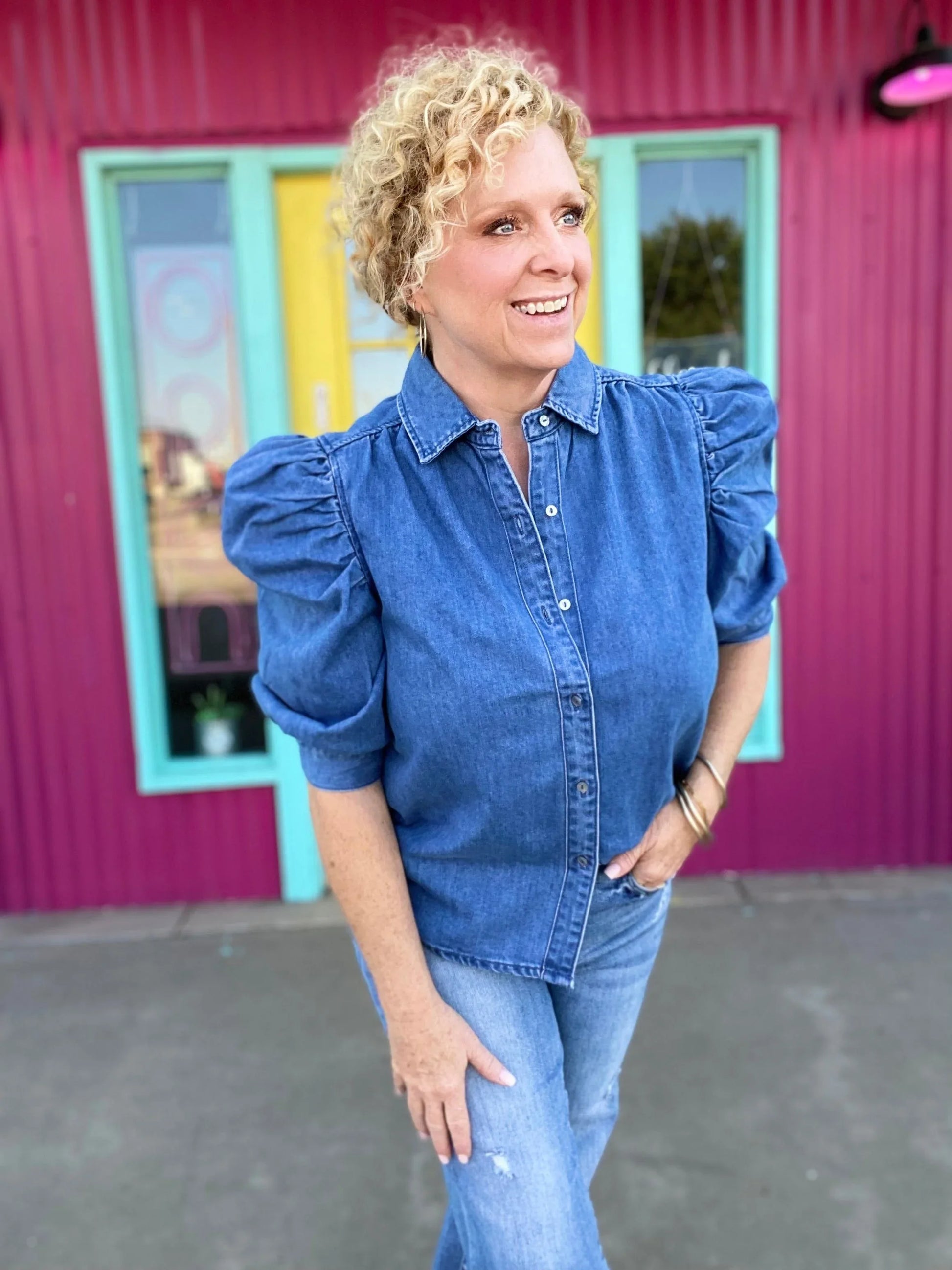 Tops Sweet Jess Puff Sleeve Denim Top