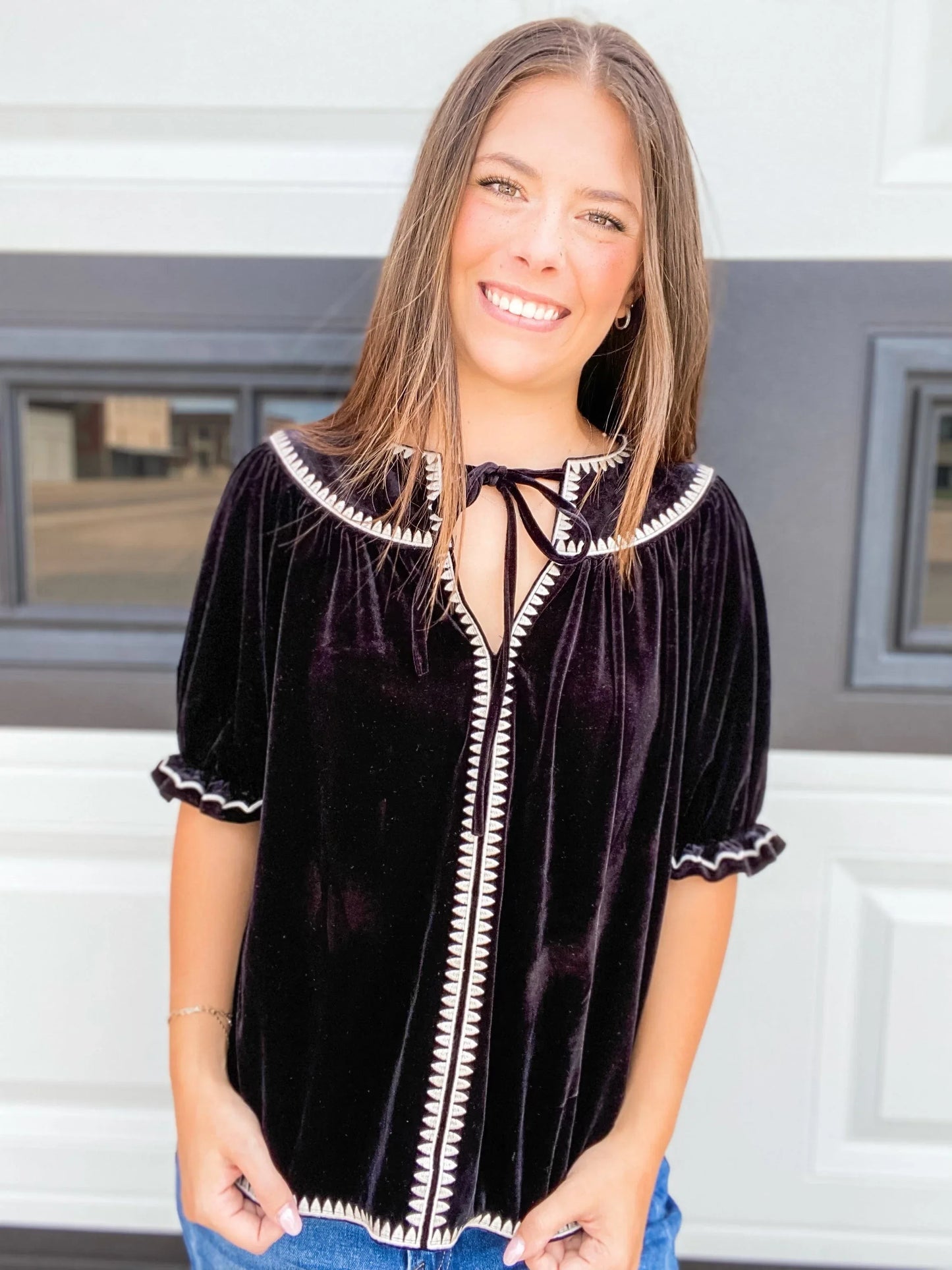 Tops THML Velvet Puff Sleeve Blouse