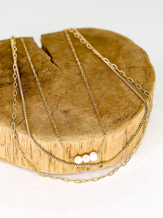 Necklaces Triple Chain Dainty Pearl Necklace-Gold