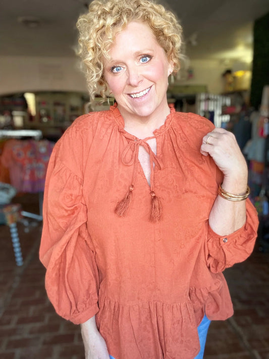 Umgee Curvy Pumpkin Peplum Top