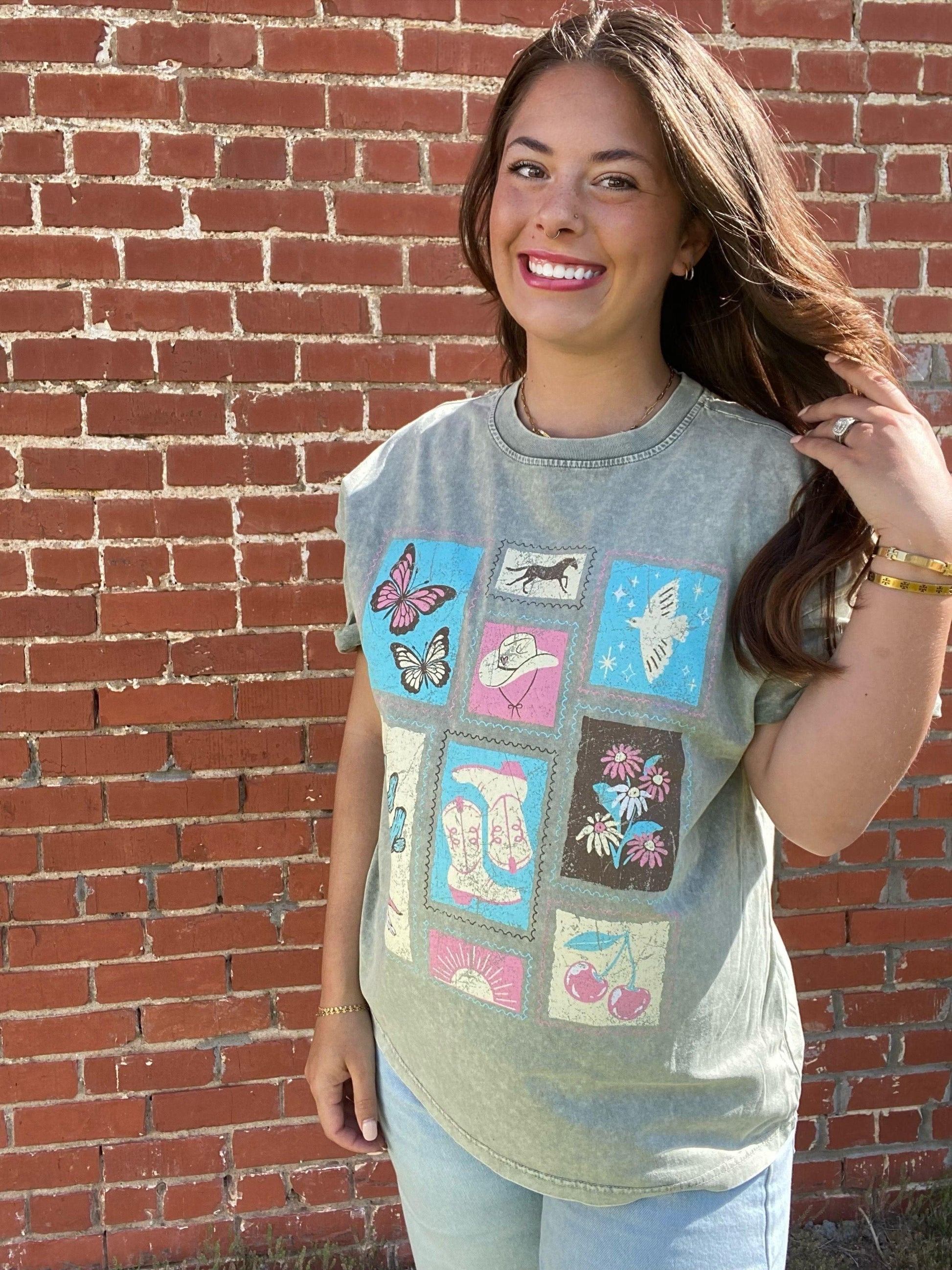 Graphic Tees Vintage Western  Tee- Green