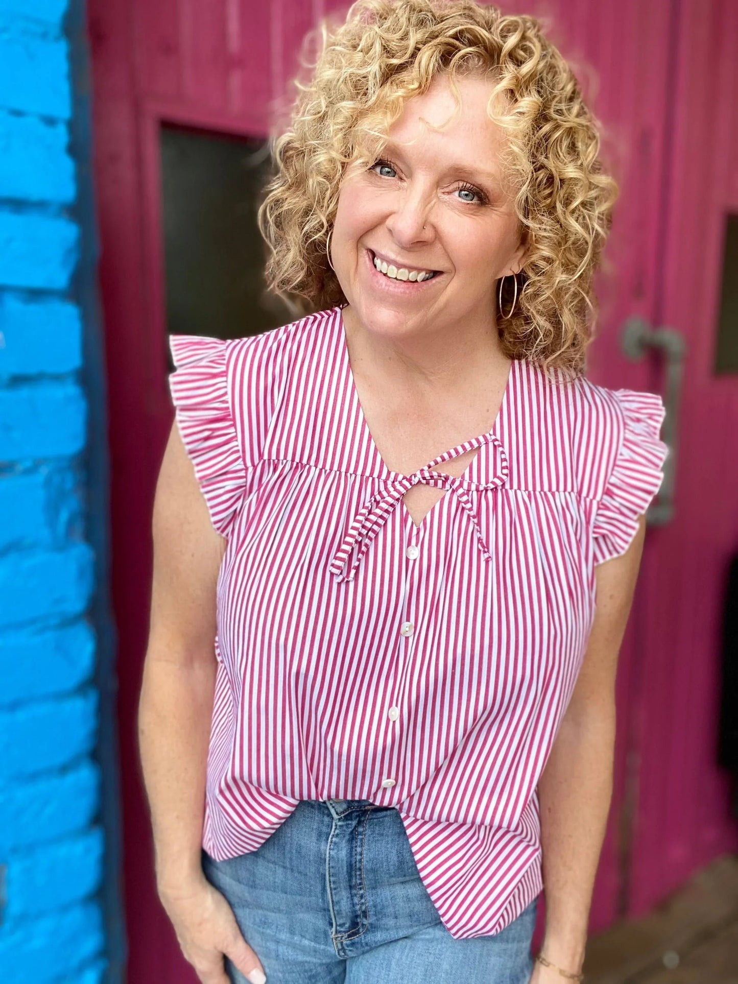 Tops Vneck Ruffle Stripe Top- Red